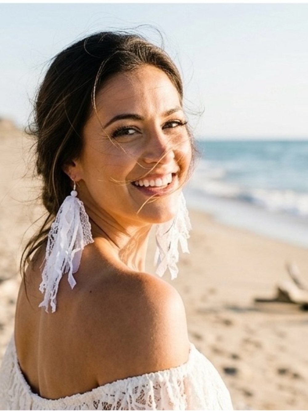 White Lace Tassel Drop Earrings - Handmade